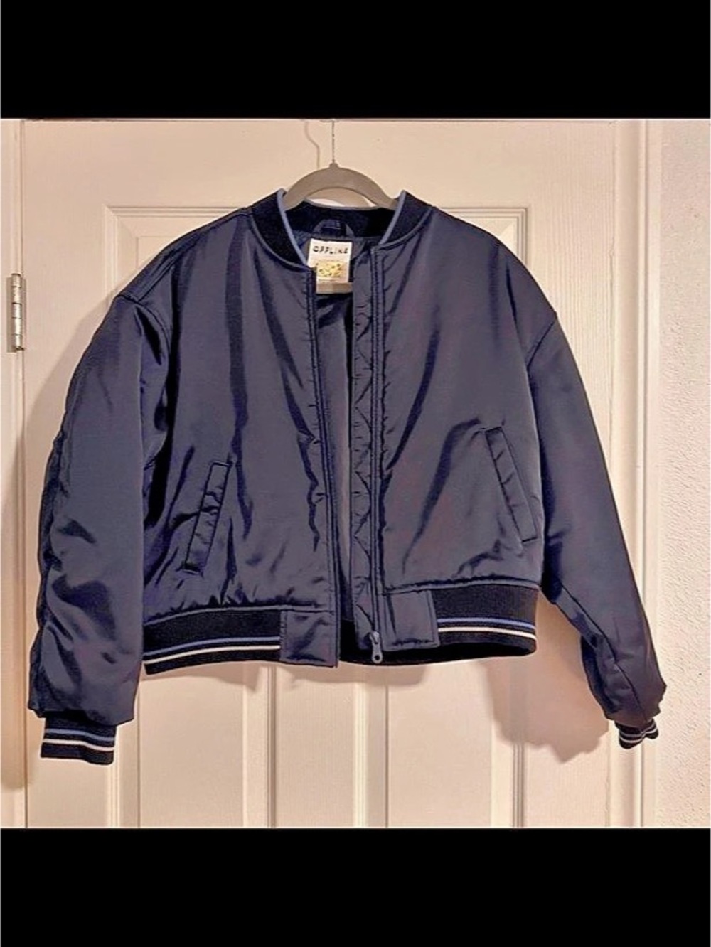 OFFLINE by Aerie Satin Bomber Jacket in Black